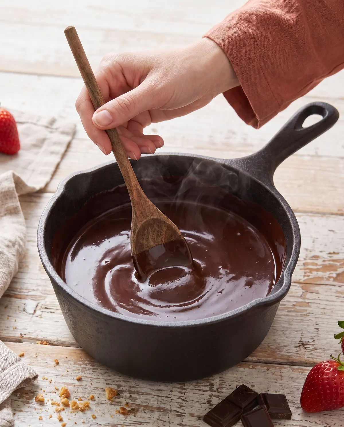 A woman's hand stirring chocolate in a saucepan