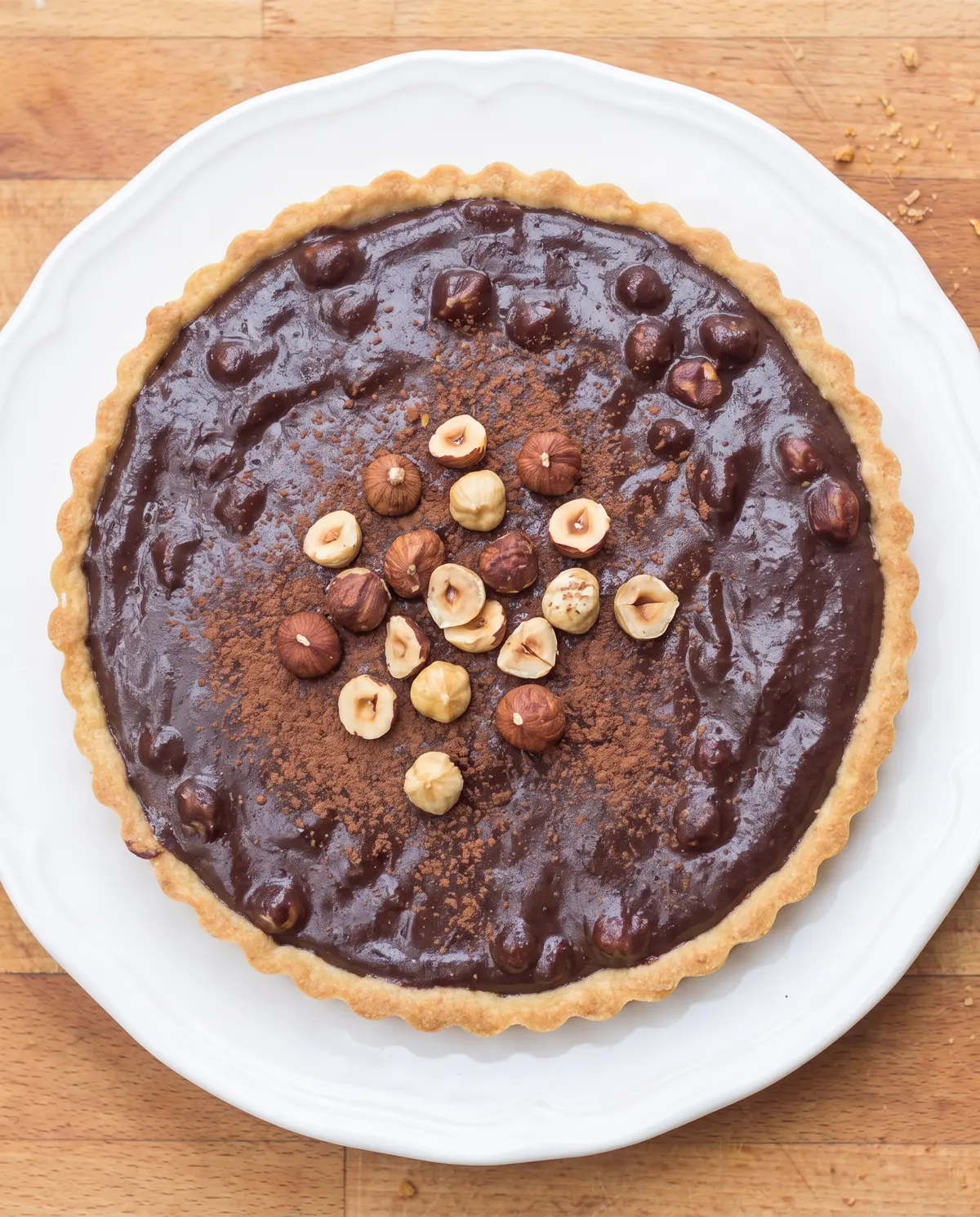 Chocolate hazelnut tart overhead view
