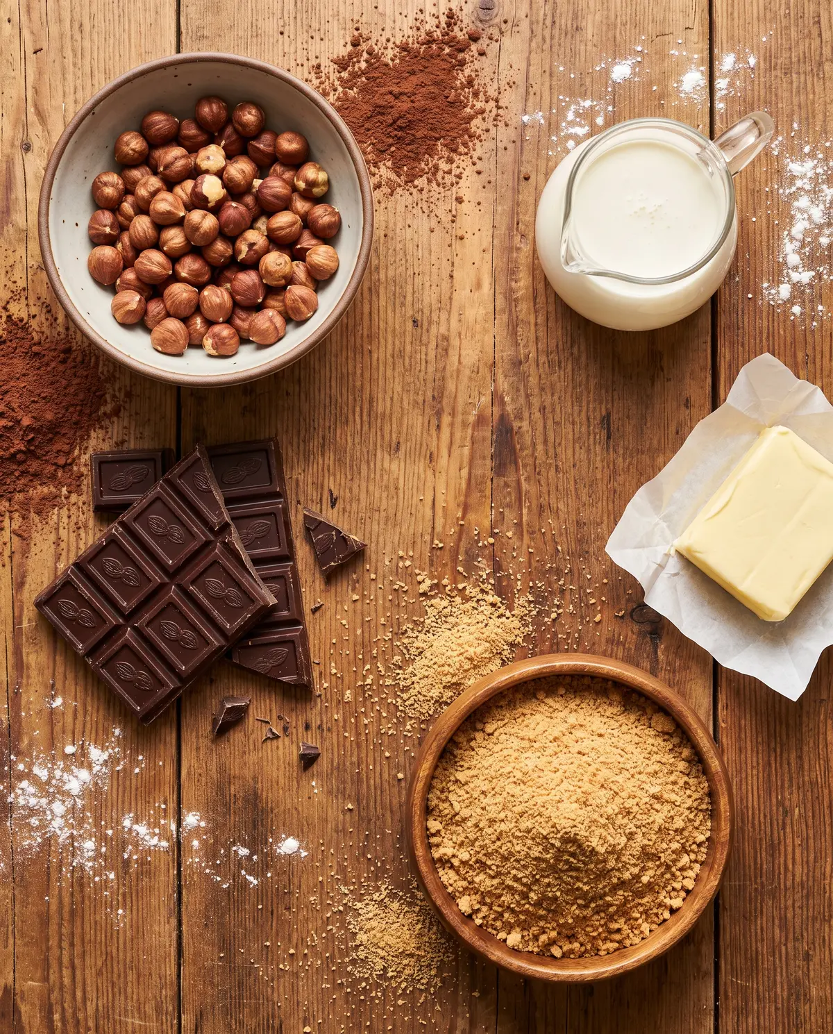 Chocolate hazelnut tart ingredients on wood surface