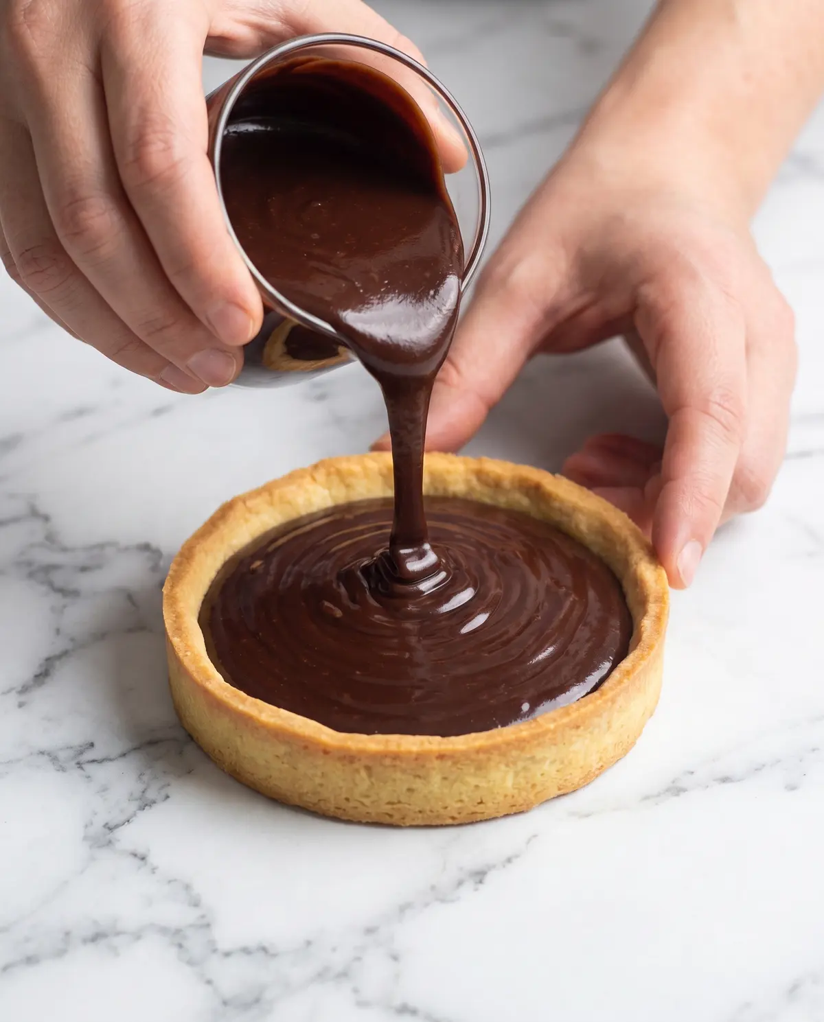 Hands pouring chocolate ganache into a tart shell