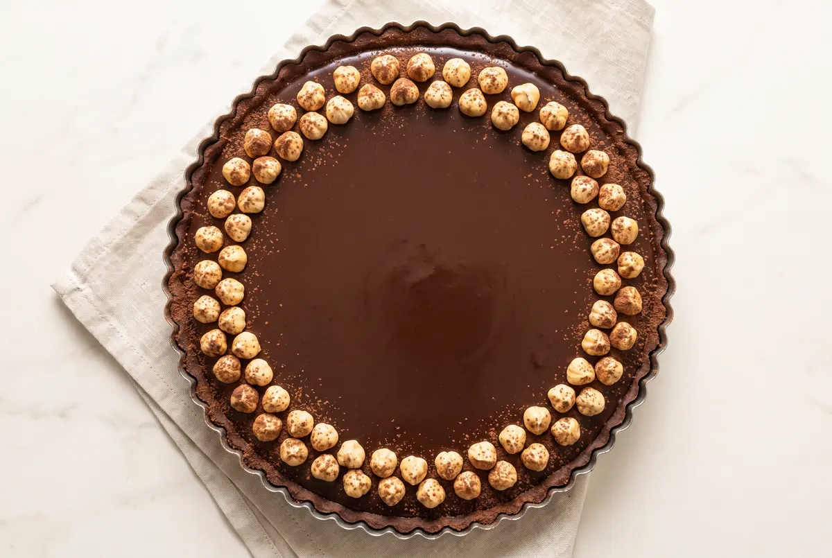 Top-down view of whole tart with hazelnut ring