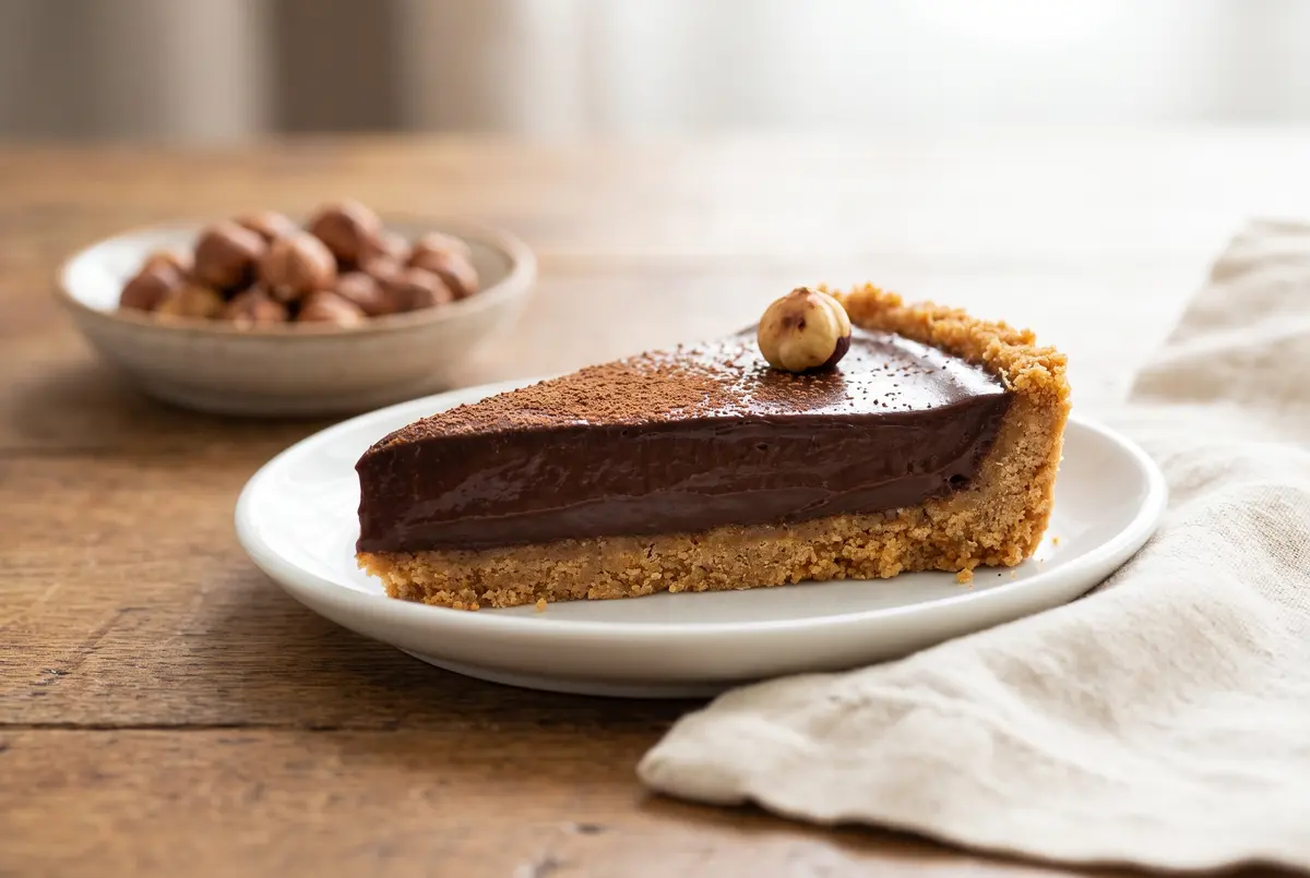 Single slice of chocolate hazelnut tart on a plate