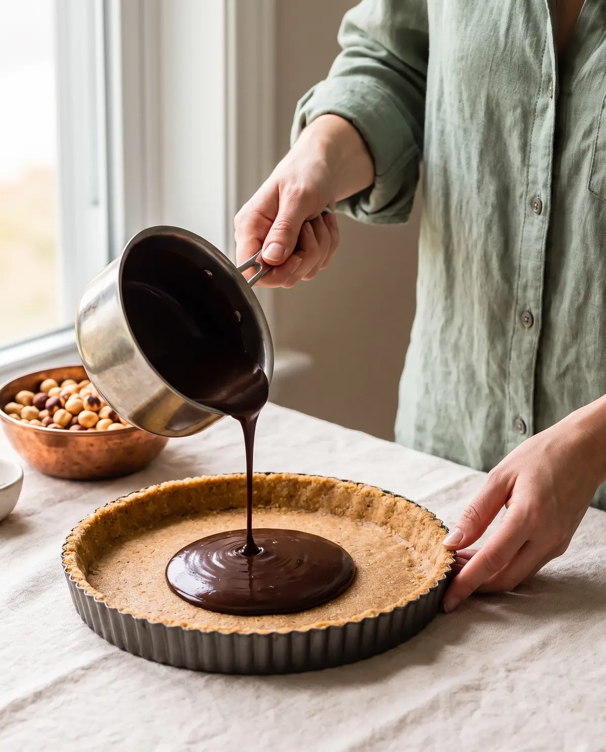 Pouring chocolate ganache into tart shell