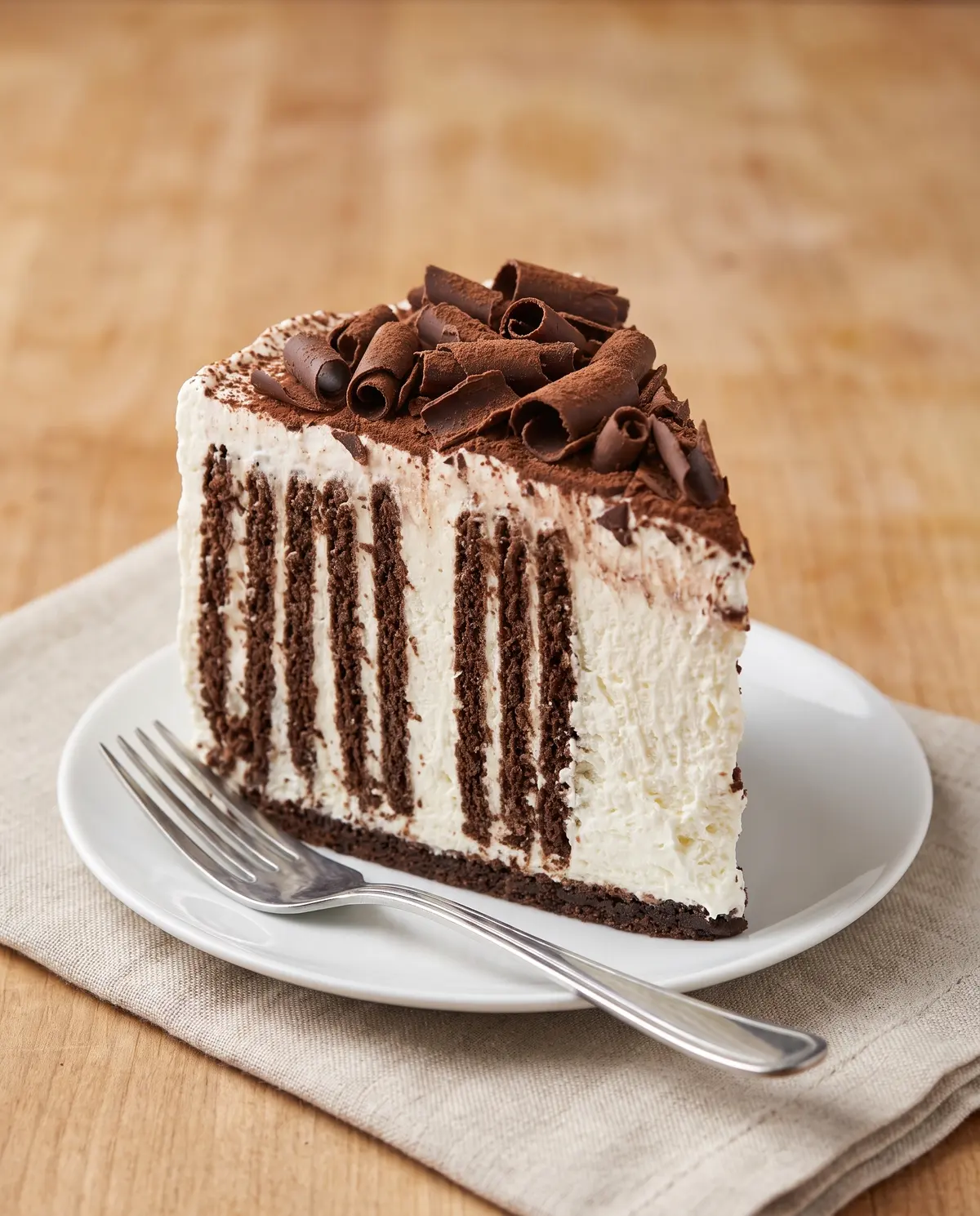 A slice of chocolate icebox cake