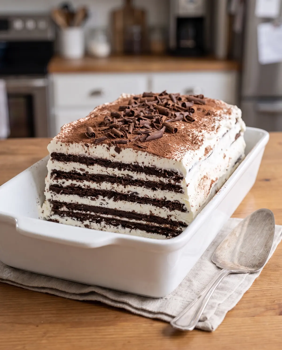 The finished chocolate icebox cake on a serving plate