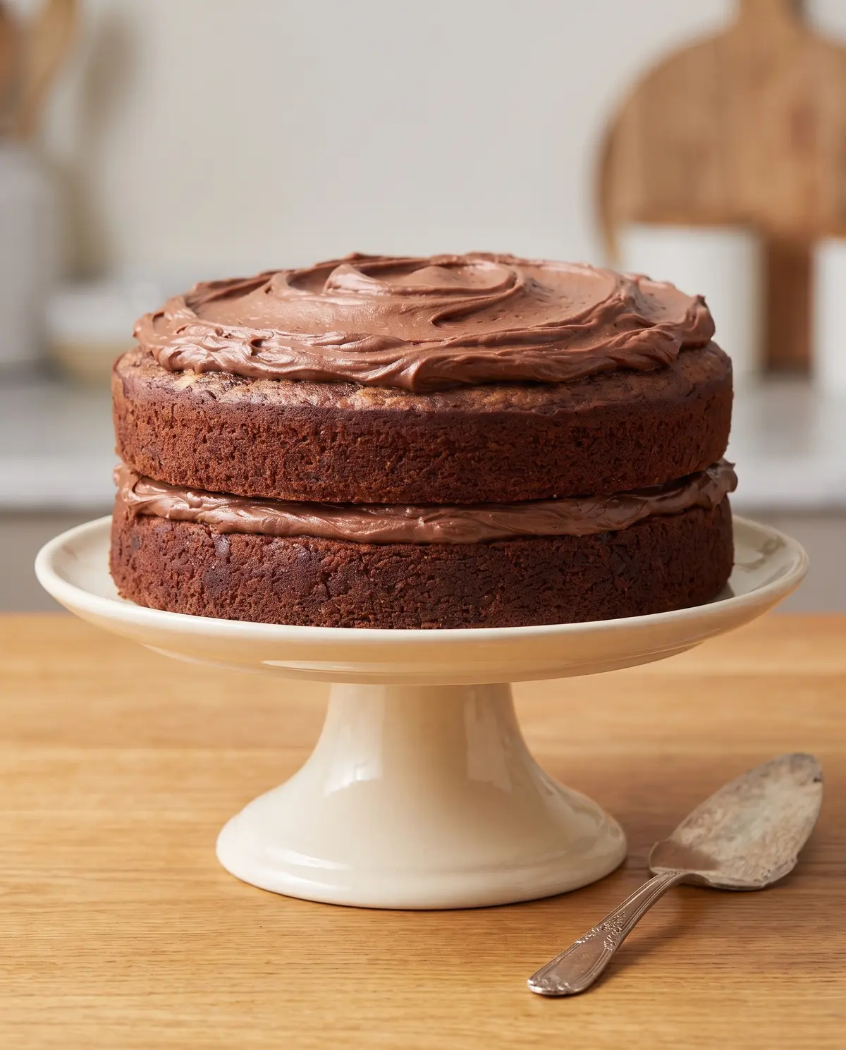 Whole chocolate marble cake on a stand