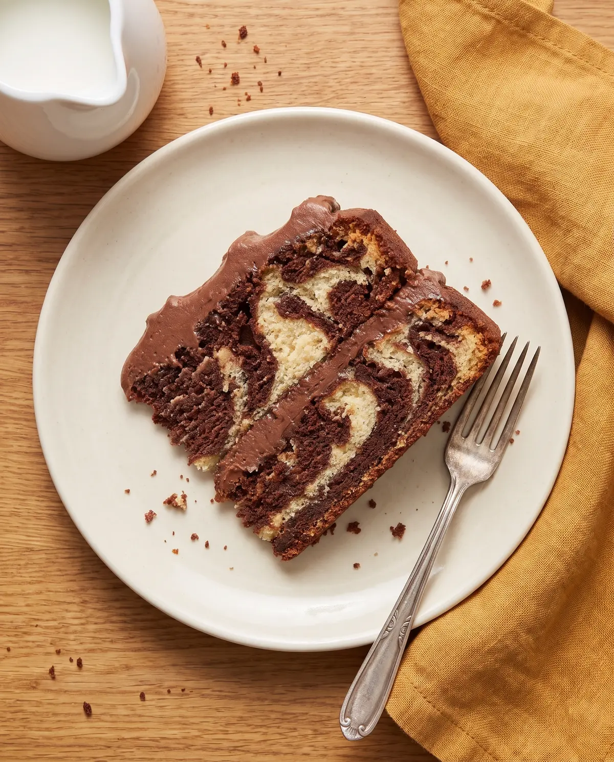Sliced chocolate marble cake from above