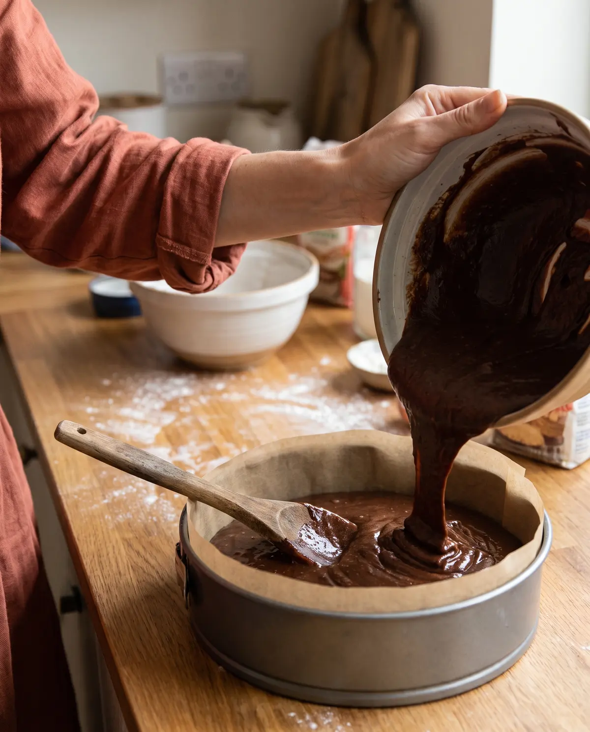 Pouring chocolate cake batter