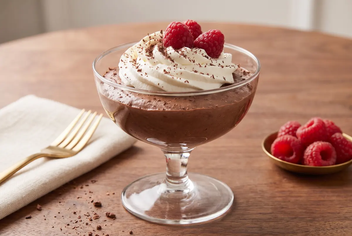 Side view of a single chocolate mascarpone mousse cup on a wooden table