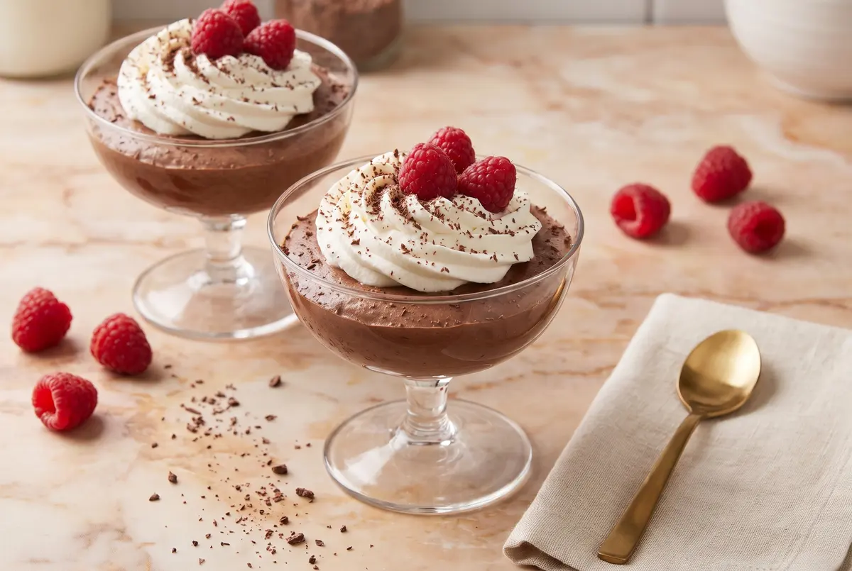 Two chocolate mascarpone mousse cups on a marble surface with raspberries scattered around
