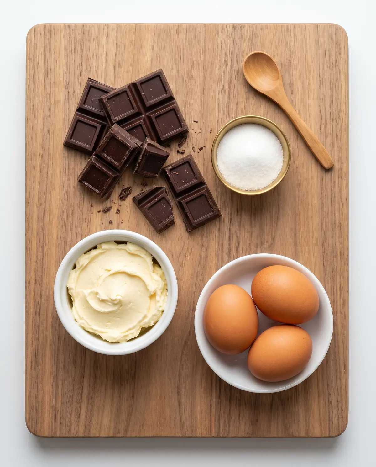 Top-down flat-lay of dark chocolate chunks, mascarpone, sugar, and eggs on a wooden cutting board