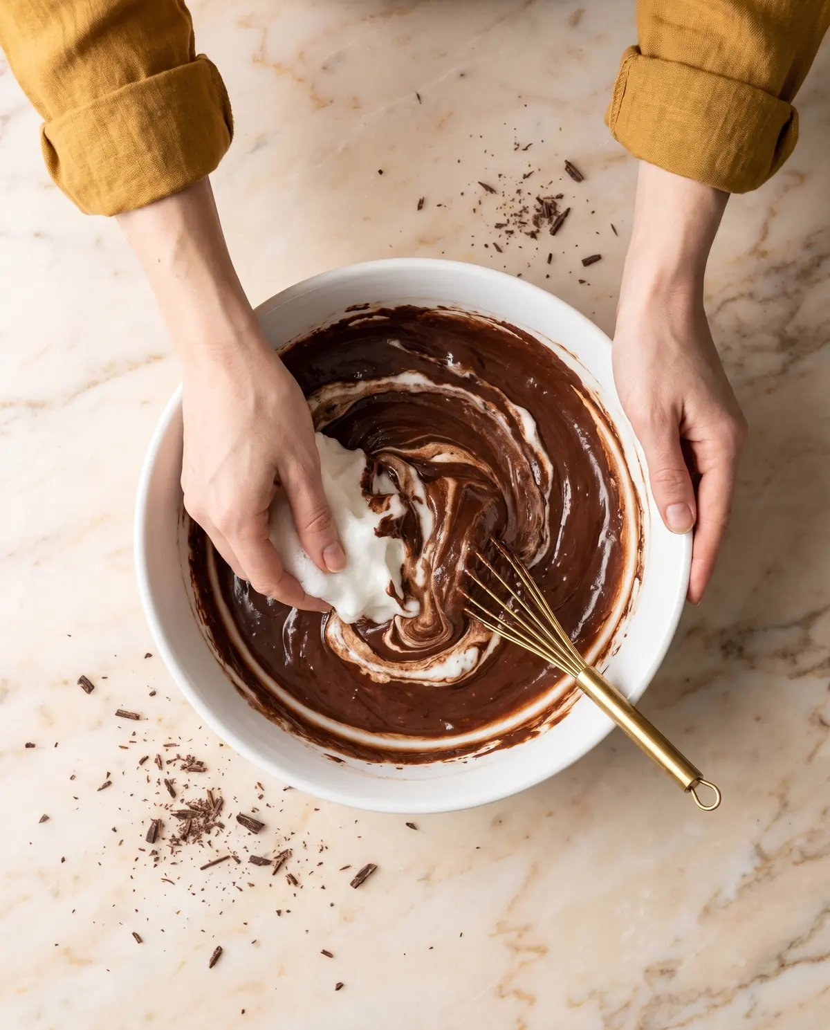 Hands folding whipped egg whites into chocolate mascarpone mixture in a white bowl