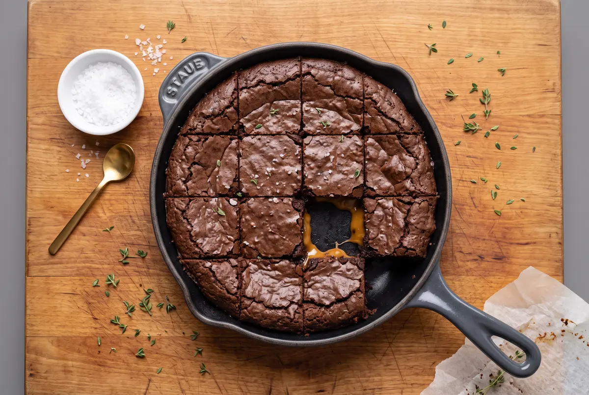 Overhead view of miso caramel brownies in cast iron skillet