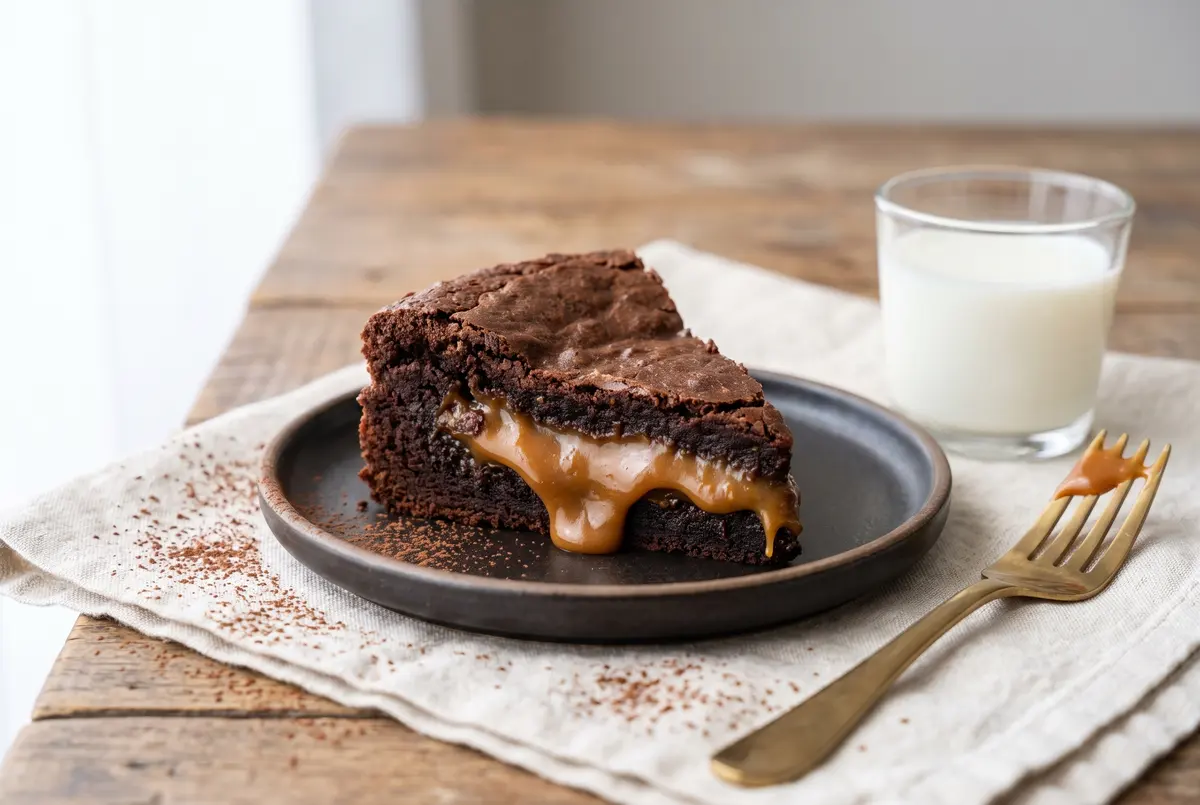Miso caramel brownie slice on a plate with milk