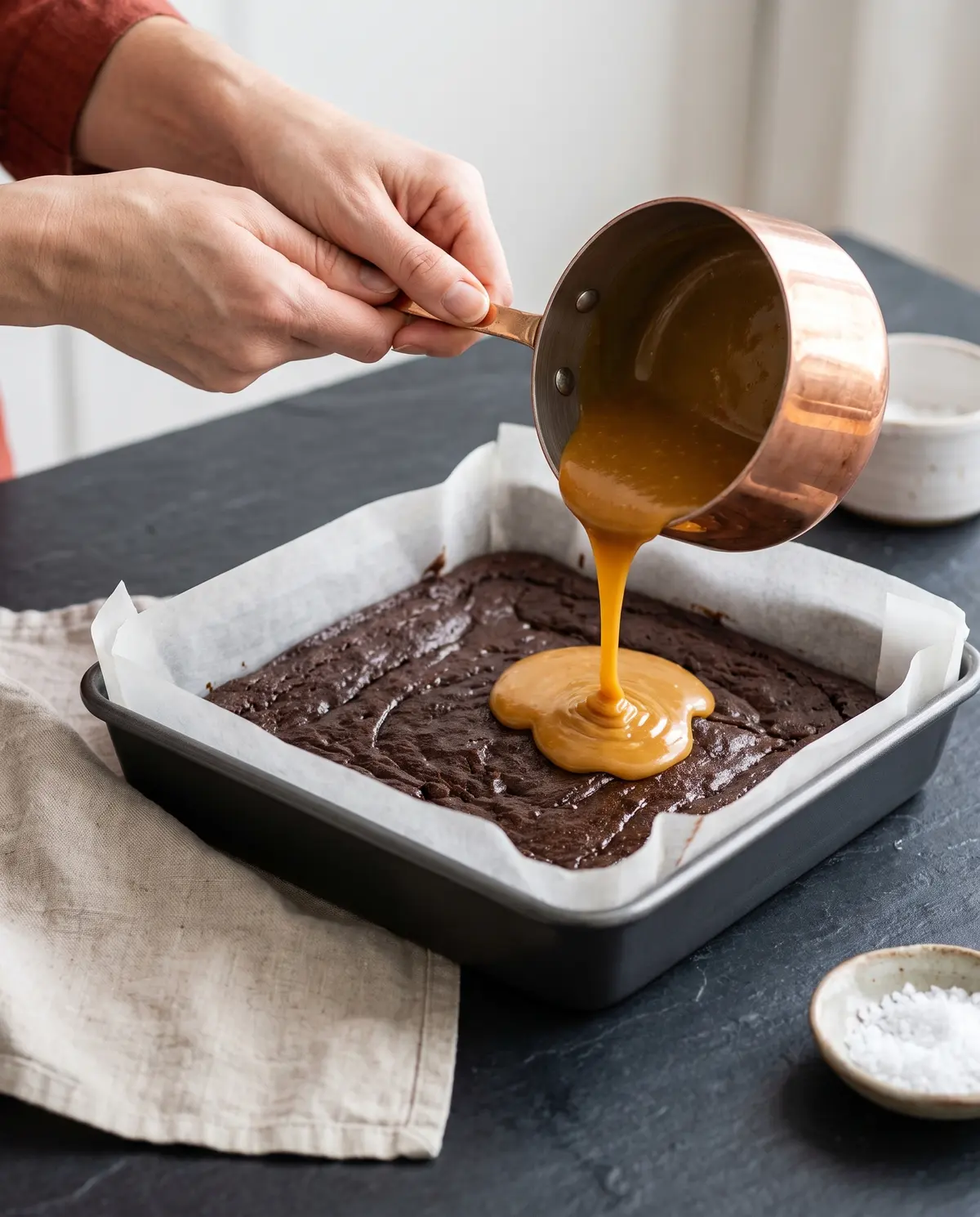 Pouring miso caramel onto brownie batter