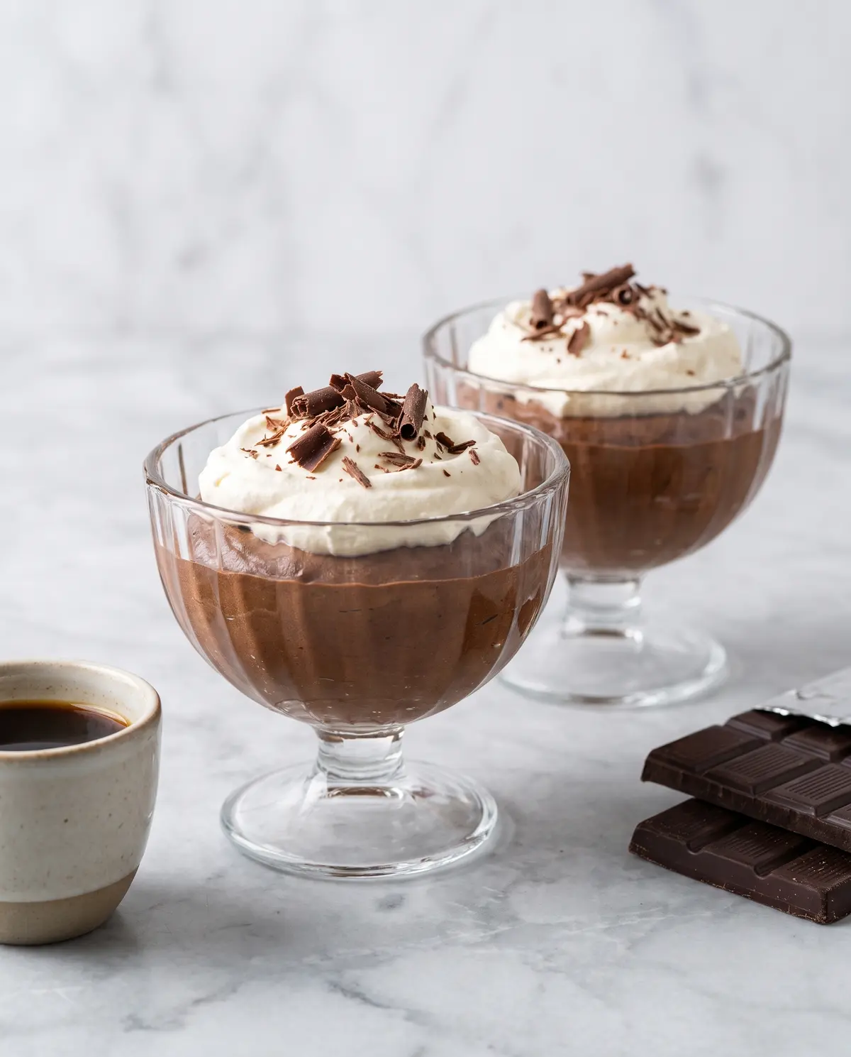 Two glasses of chocolate mousse on a marble counter with chocolate bar and espresso cup nearby