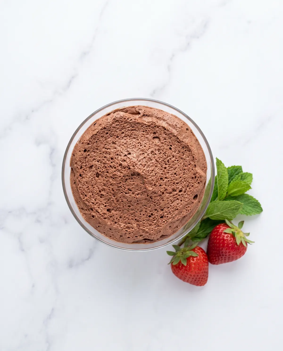 Overhead close-up of chocolate mousse with mint and strawberries on marble