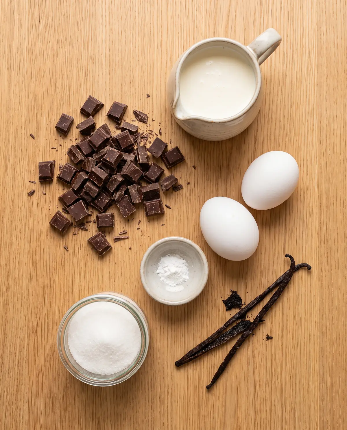 Top-down flat lay of chocolate mousse ingredients on a wooden surface