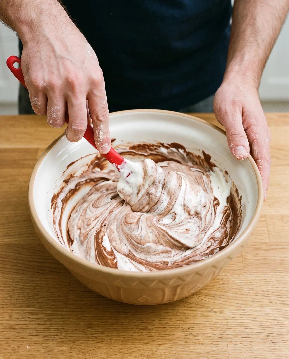 Hands folding whipped meringue into chocolate mixture in a ceramic bowl
