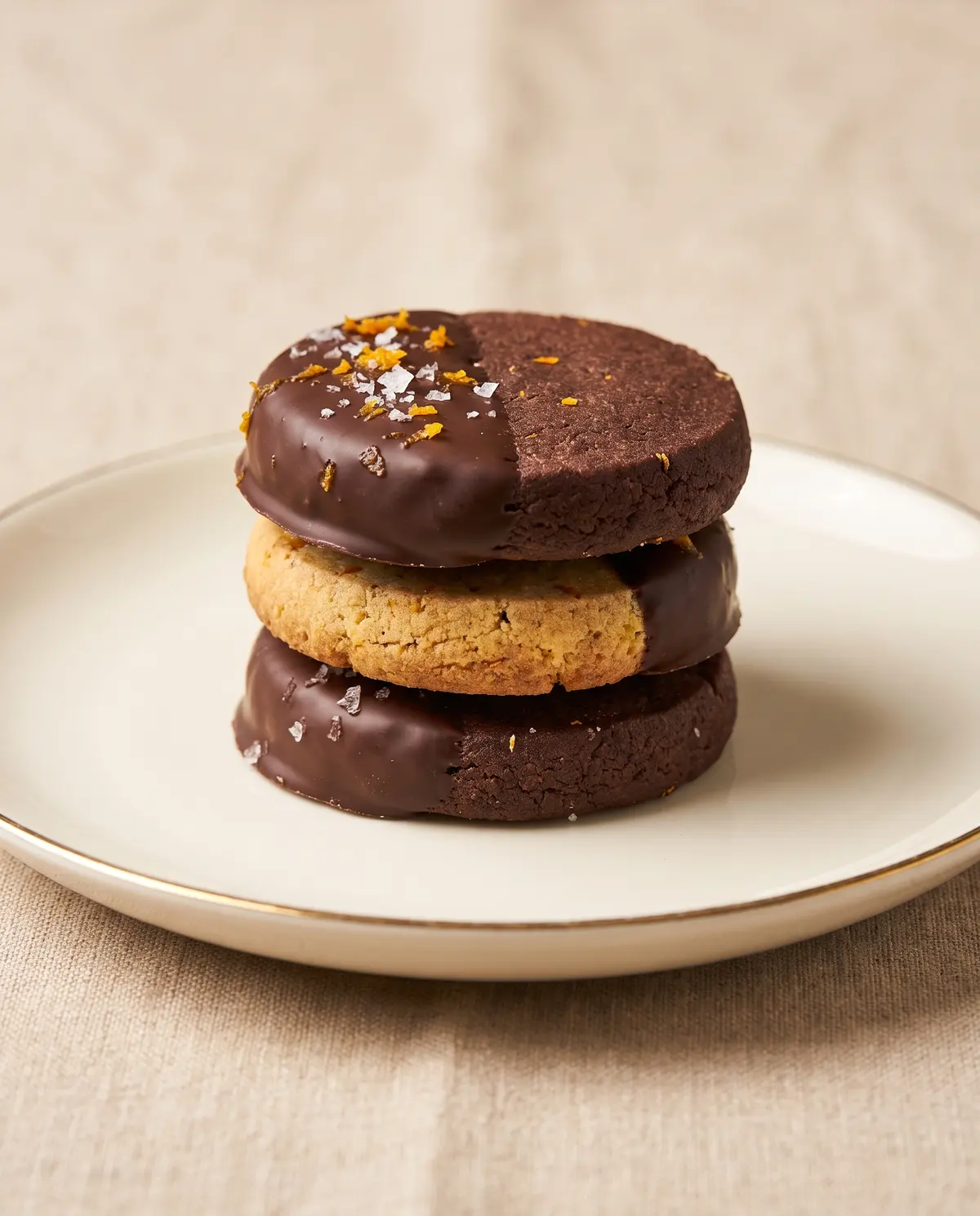 Stacked chocolate orange cookies from a 3/4 angle showing both chocolate-dipped side and cookie side on a cream plate