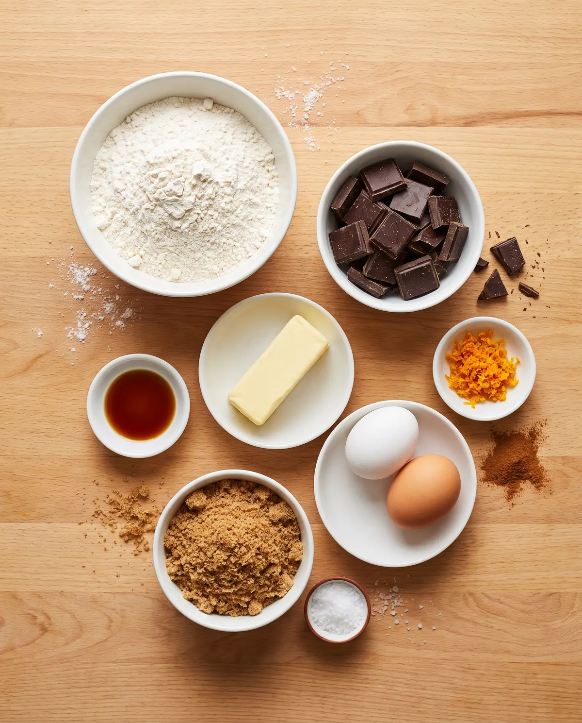Top-down flat-lay of chocolate orange cookie ingredients on warm wood surface with orange zest visible