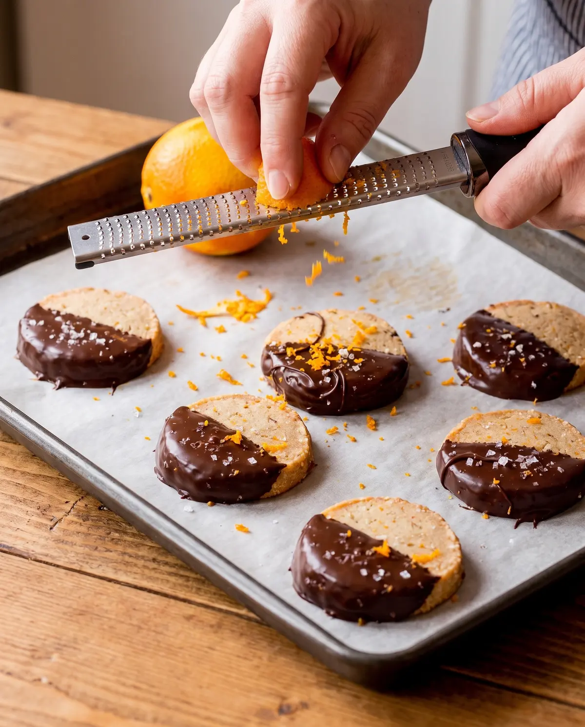 Hands using a microplane zester to grate fresh orange zest over cookie dough logs on parchment paper