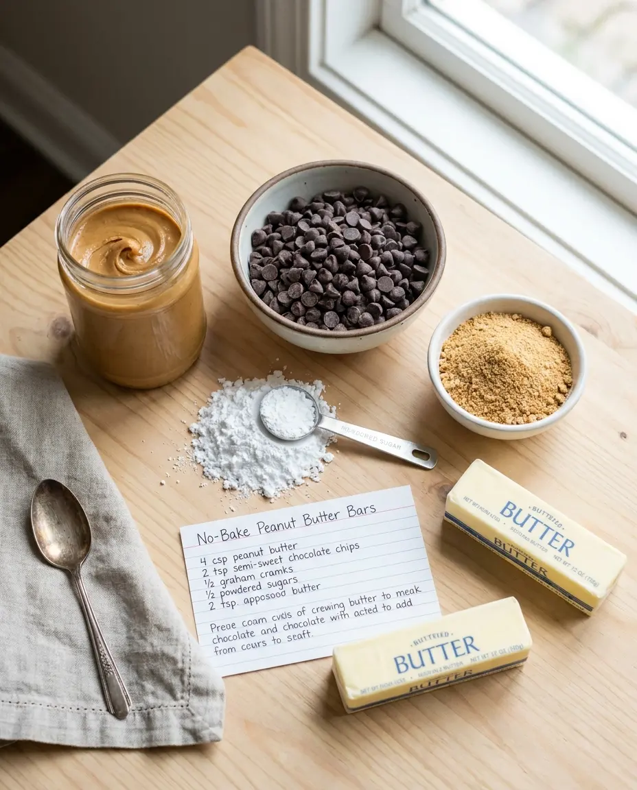 Ingredients for no-bake chocolate peanut butter overnight bars
