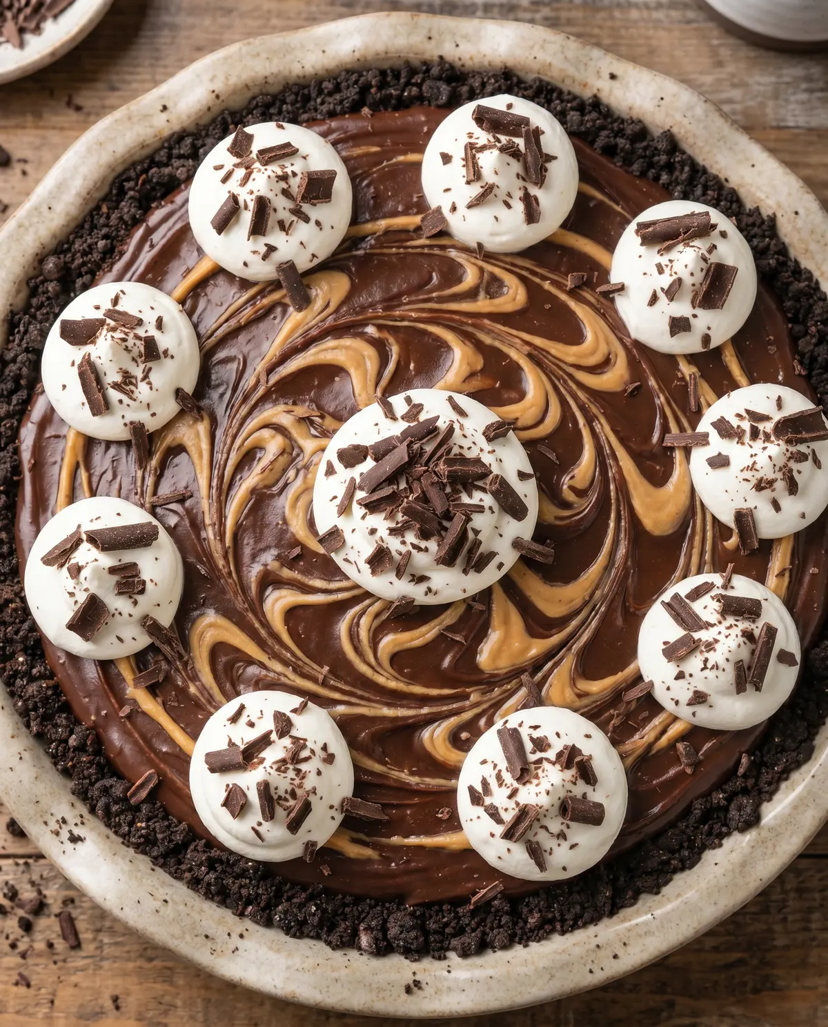 Chocolate peanut butter pie overhead view