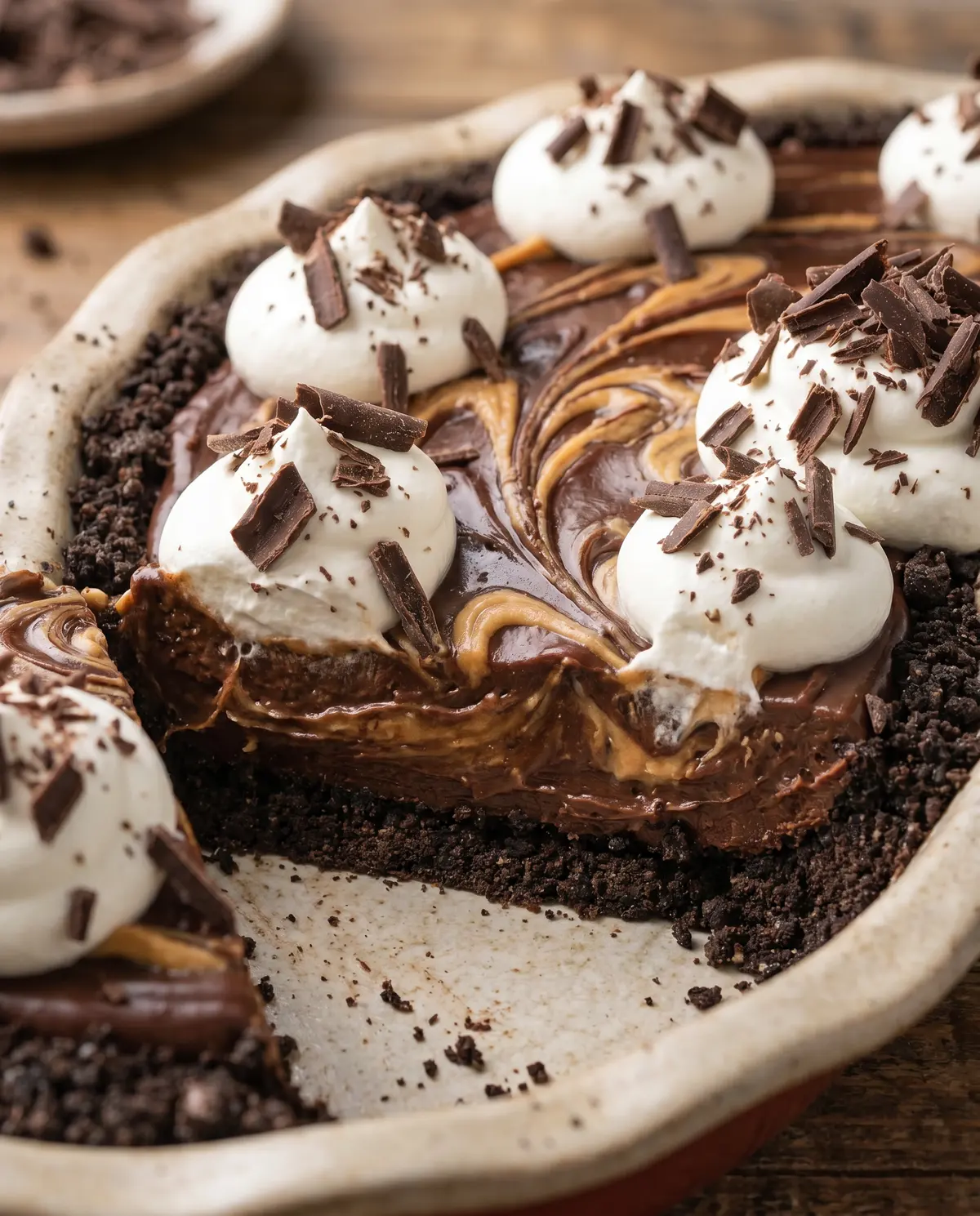 Chocolate peanut butter pie close-up side view
