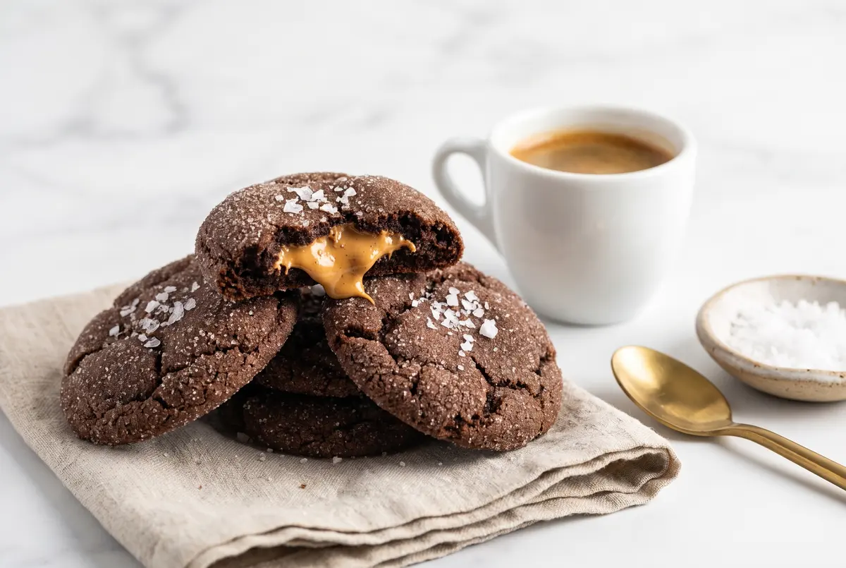 Stack of chocolate peanut butter cup cookies on a linen napkin beside an espresso