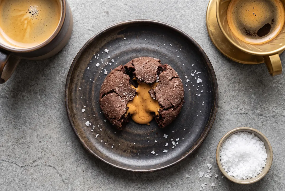 Single broken-open chocolate peanut butter cup cookie on a dark plate with espresso and salt