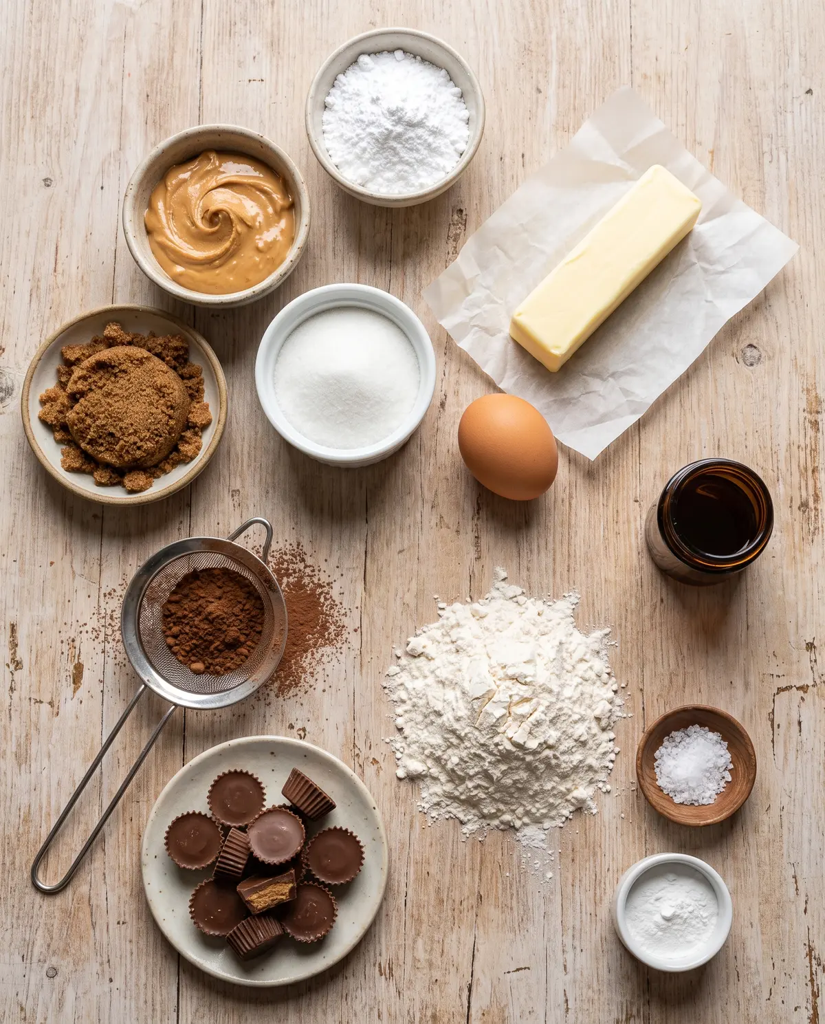 Top-down flat-lay of all ingredients for chocolate peanut butter cup cookies on a wood surface