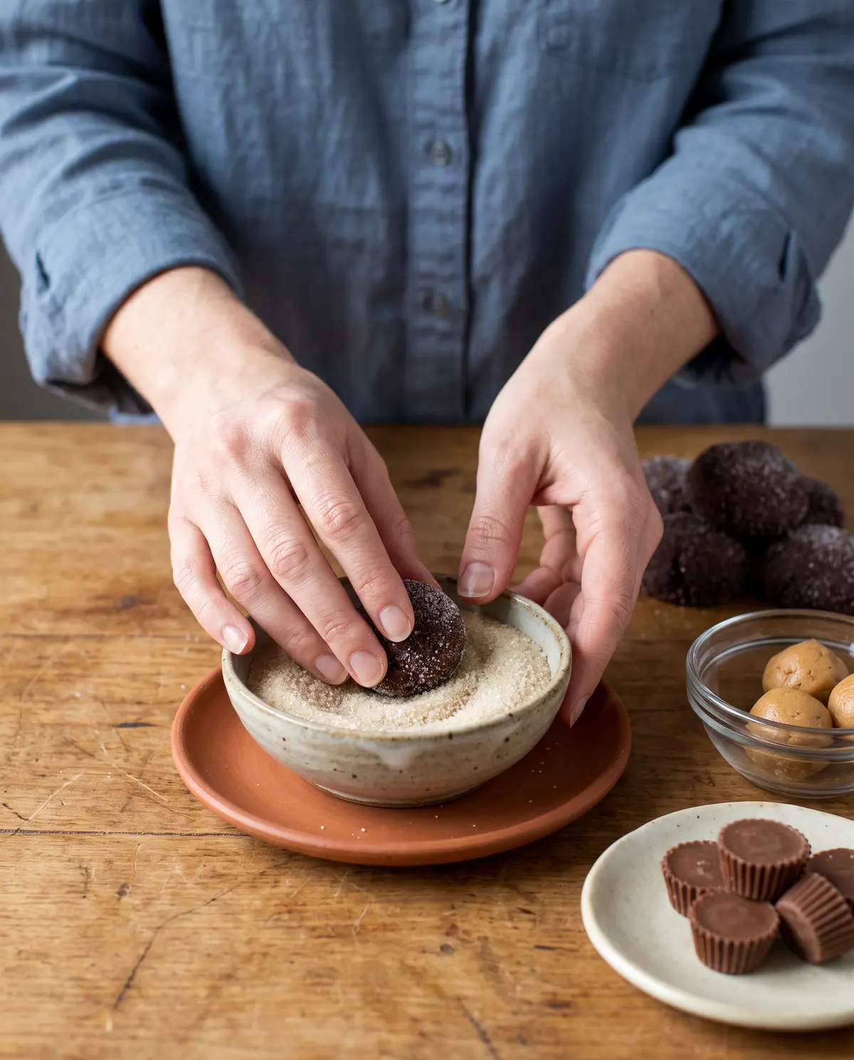 Process shot of hands rolling a chocolate cookie dough ball in sugar