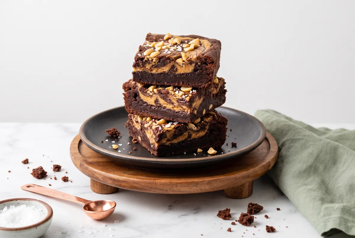 Side view of three thick fudgy chocolate peanut butter swirl brownies stacked on a dark ceramic plate on a wooden cake stand with sage napkin
