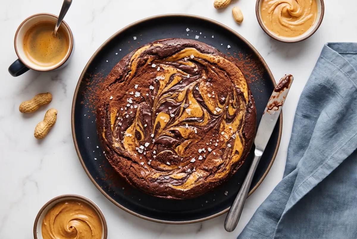 Top-down view of a single fudgy chocolate peanut butter swirl brownie dusted with cocoa and flaky salt, with espresso cup, peanuts, and dusty blue linen on marble