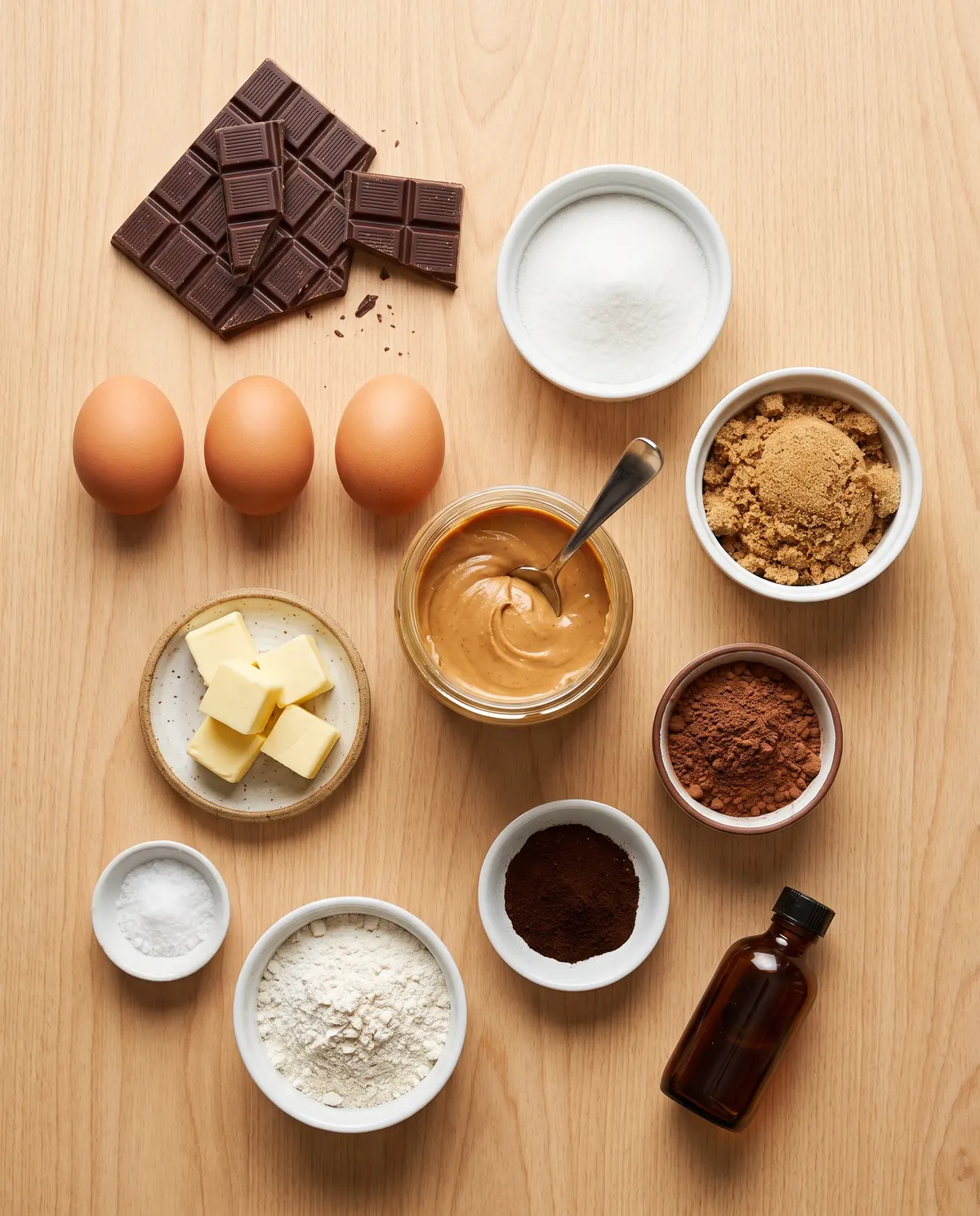 Top-down flat-lay of chocolate peanut butter swirl brownie ingredients: dark chocolate, eggs, butter, peanut butter, sugars, cocoa, flour, espresso powder, salt, vanilla on wood