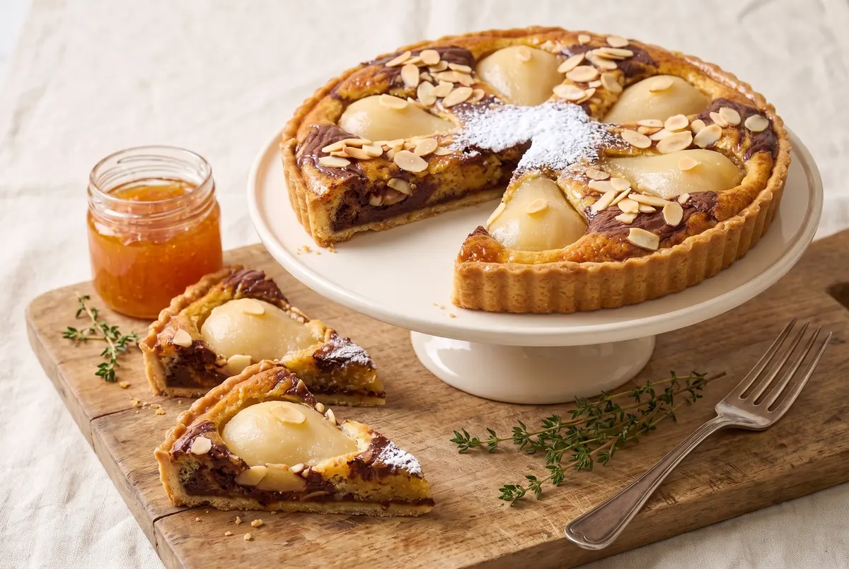 Whole chocolate pear frangipane tart on a white cake stand with two wedges on a wooden board, apricot jam jar and fresh thyme in background
