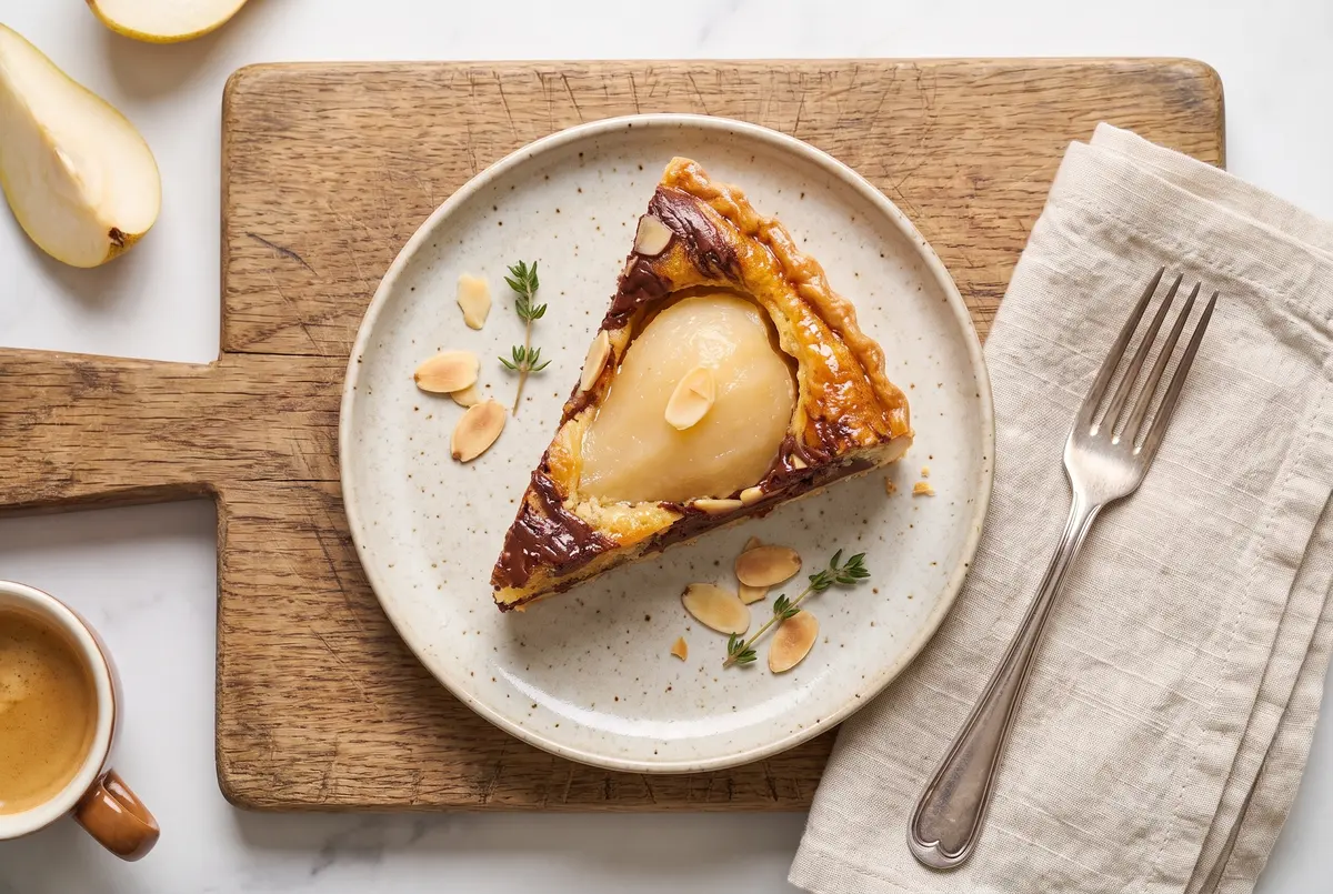 A single slice of chocolate pear frangipane tart on a matte ceramic plate from above, on a wooden board with a fork and espresso cup