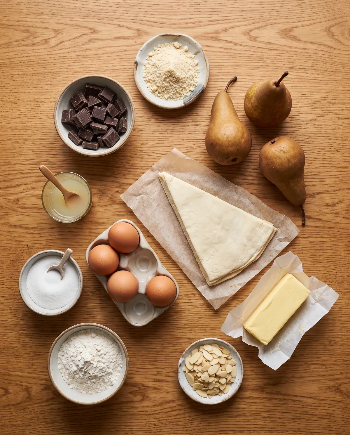Top-down flat-lay of chocolate pear frangipane tart ingredients on a warm wooden table: dark chocolate, ground almonds, ripe pears, butter, eggs, puff pastry, sugar, flour, flaked almonds