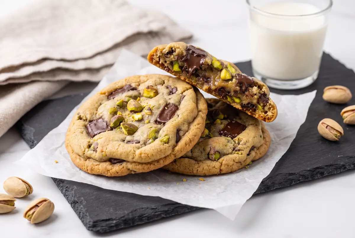 Three chewy chocolate pistachio cookies on white parchment paper, stacked on a slate board, with a glass of cold milk