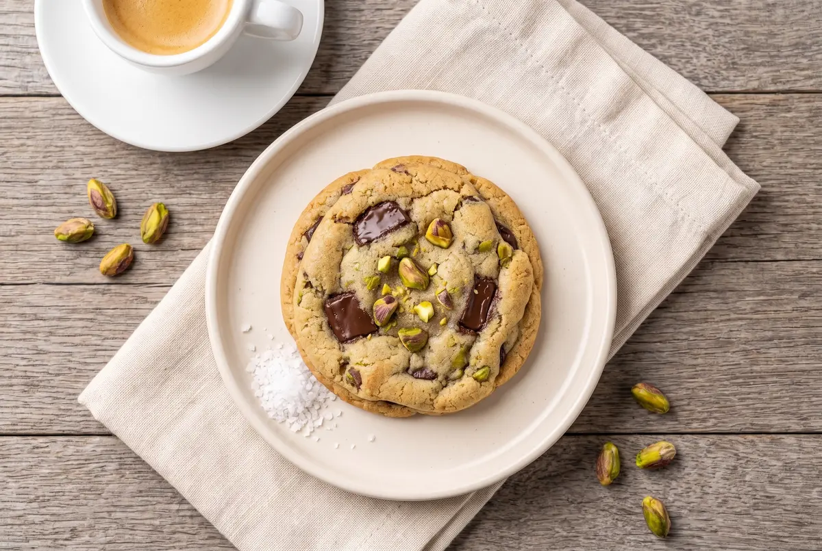 A single chewy chocolate pistachio cookie on a cream ceramic plate from above, with espresso cup and flaky sea salt on weathered wood
