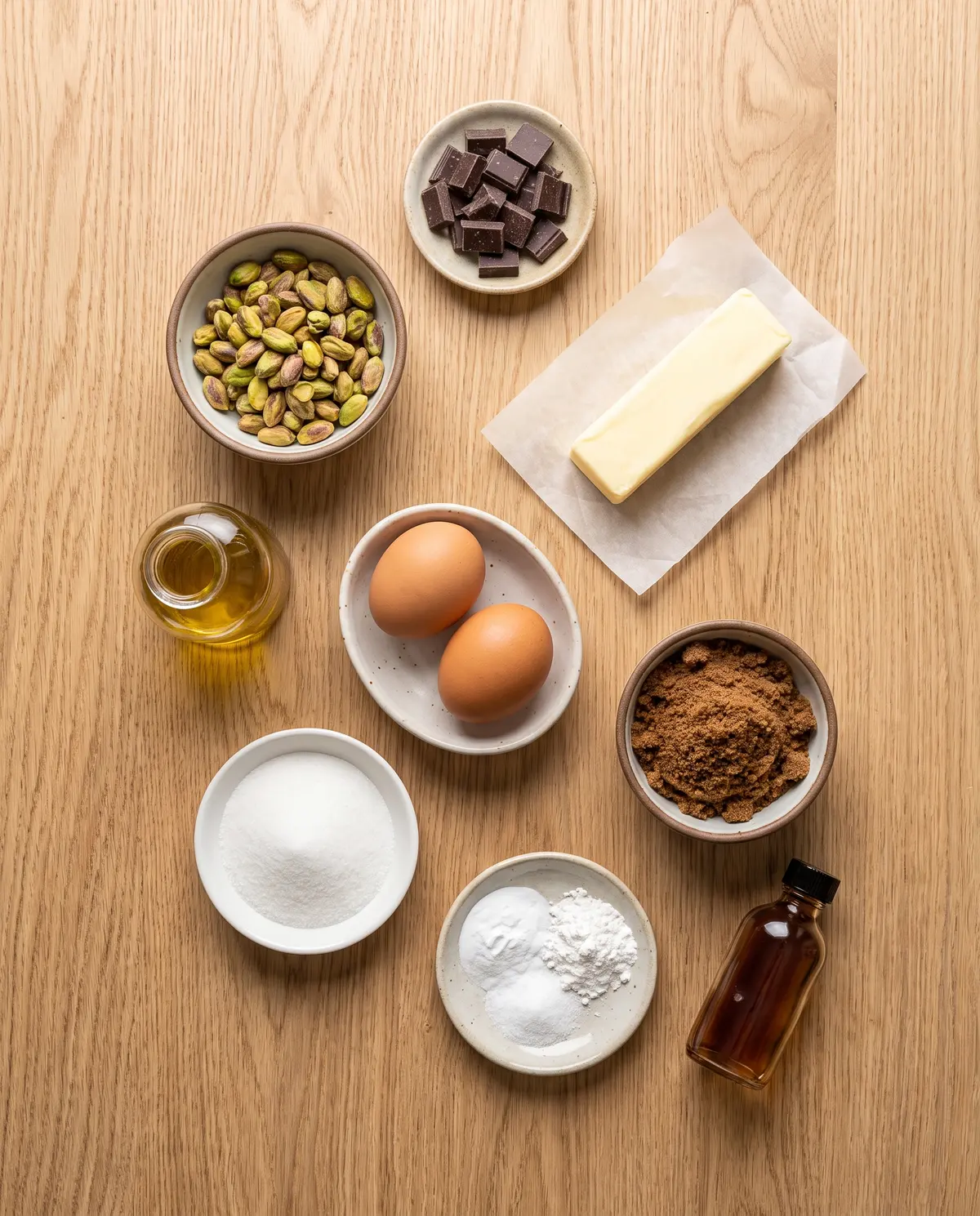 Top-down flat-lay of ingredients for olive oil chocolate chip cookies: pistachios, dark chocolate, butter, eggs, olive oil, brown sugar, white sugar, baking powder, flour, vanilla