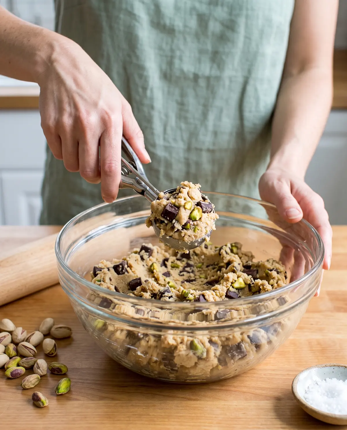 A woman's hands scooping chocolate pistachio cookie dough with a vintage ice cream scoop from a glass bowl, wearing a soft sage green linen top