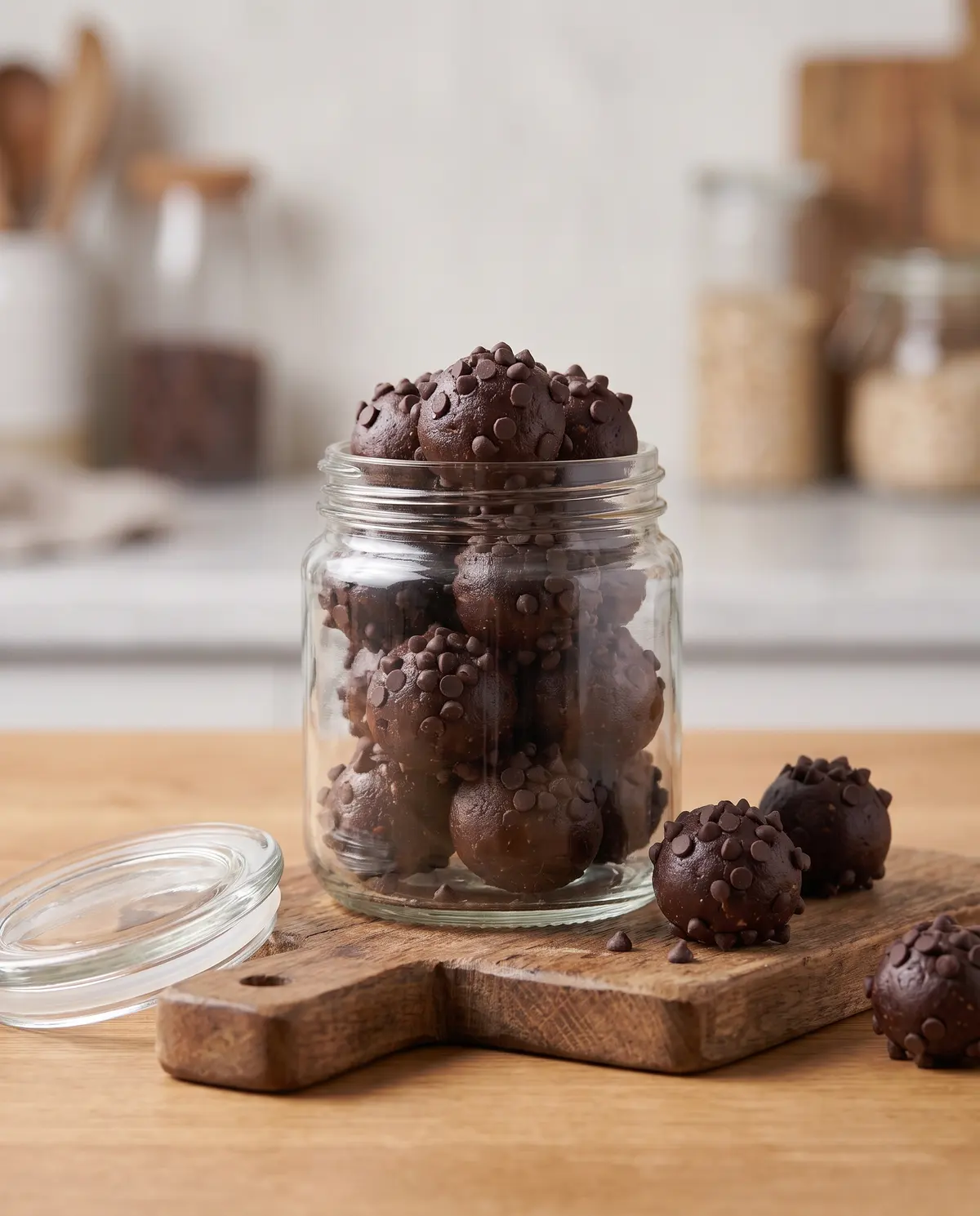 A glass jar filled with chocolate protein balls on a wooden cutting board