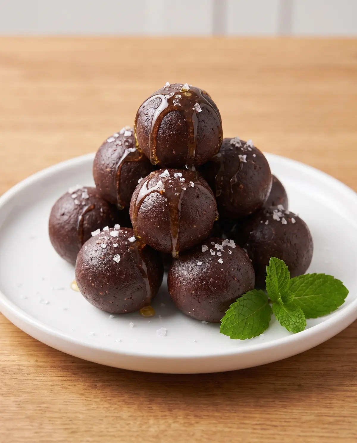 A pyramid of chocolate protein balls stacked on a white plate