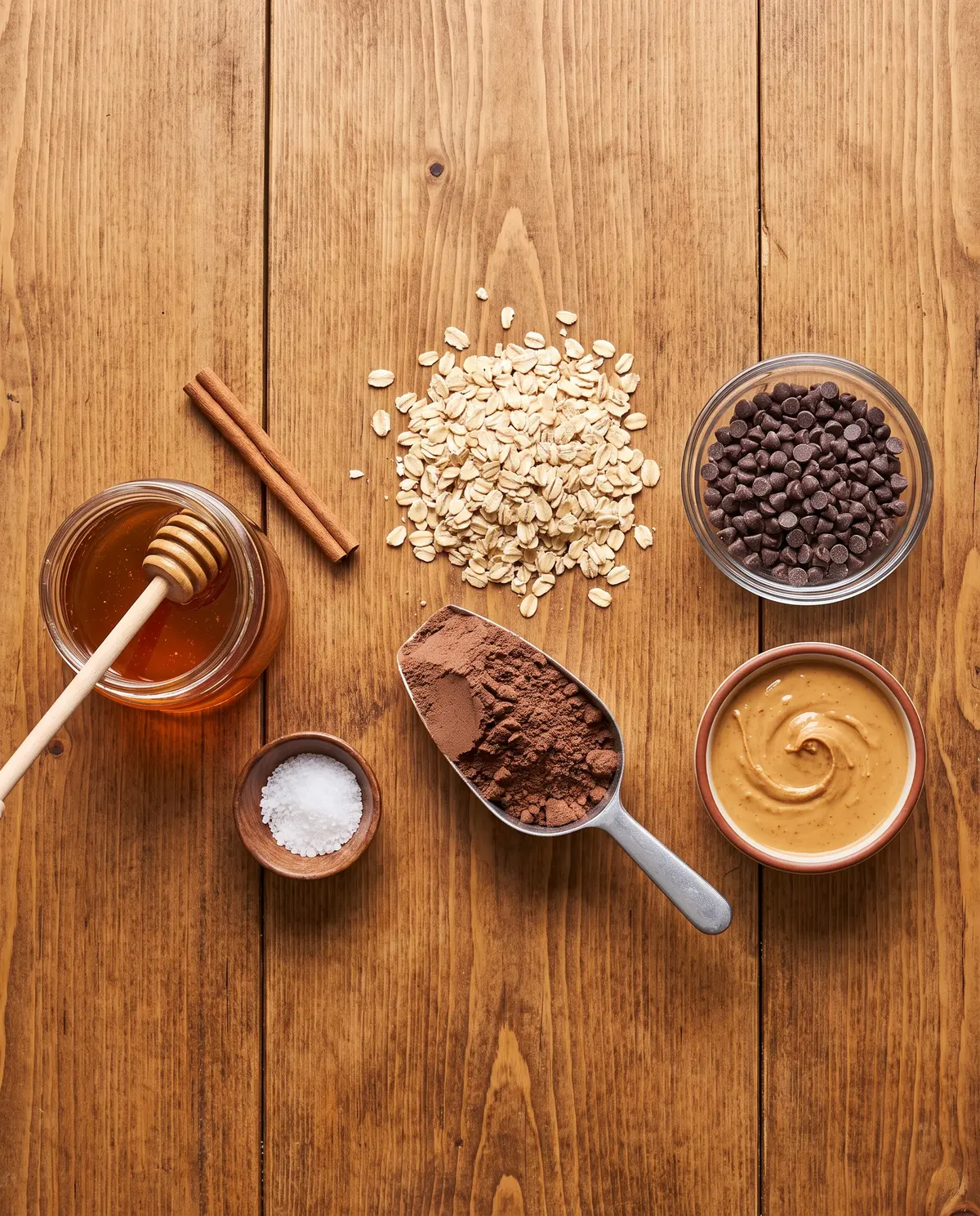 Ingredients for chocolate protein balls arranged on a wooden table