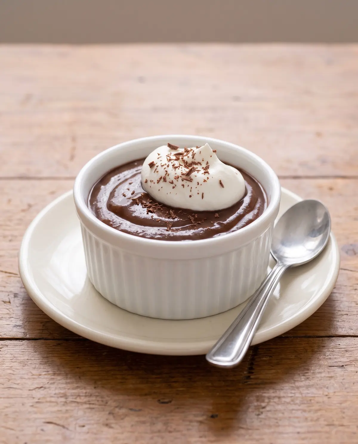 Side view of homemade chocolate pudding in a glass ramekin with whipped cream