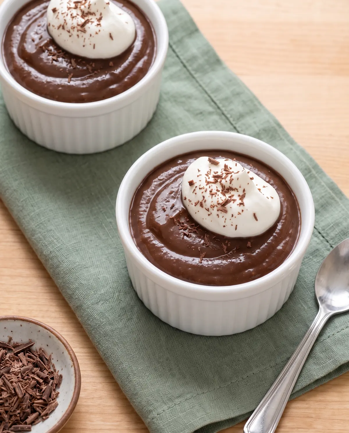 Overhead view of two small ramekins of chocolate pudding with whipped cream on a sage green napkin