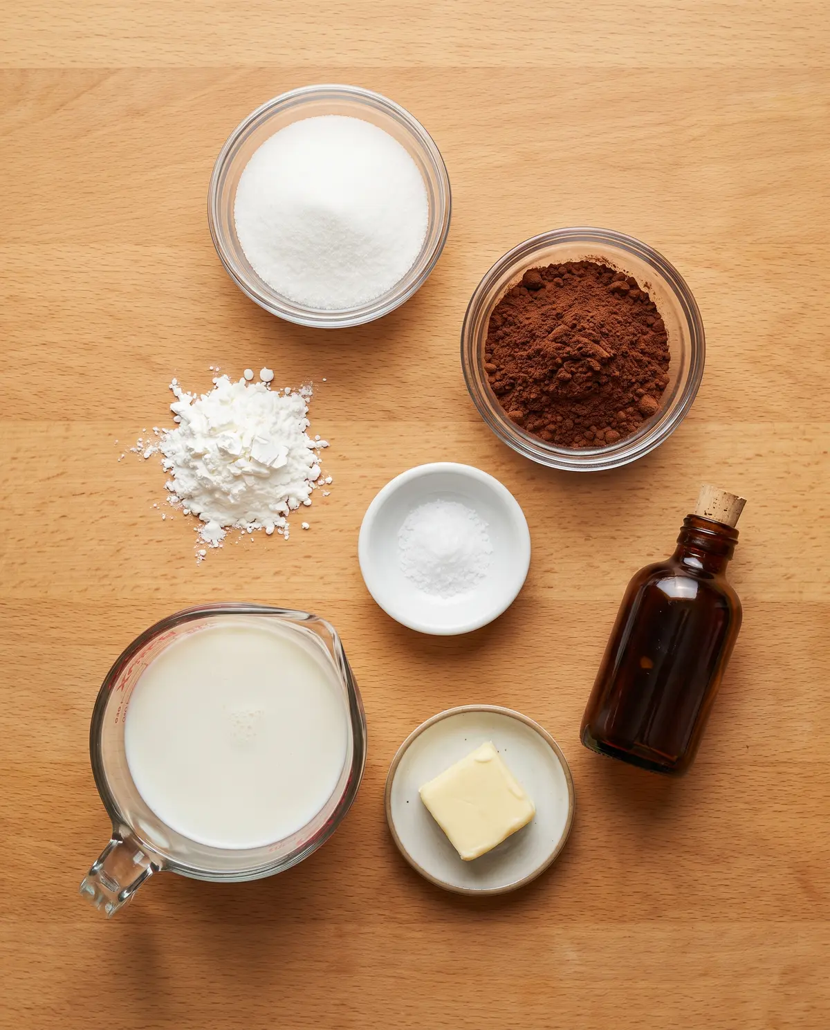 Chocolate pudding ingredients laid out on a wooden table: sugar, cocoa powder, cornstarch, salt, milk, butter, and vanilla extract