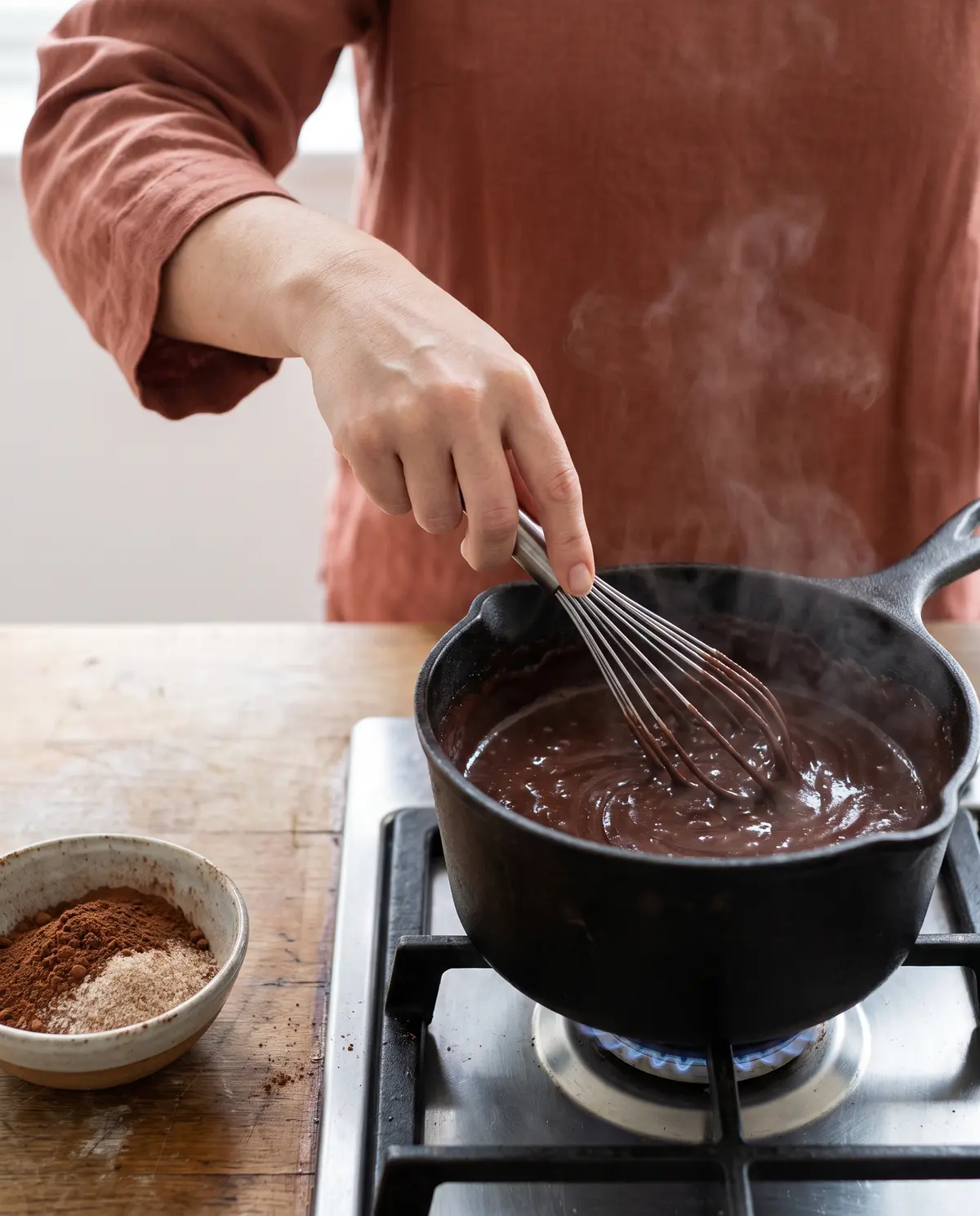 A woman's hand whisking chocolate pudding in a heavy saucepan on the stovetop